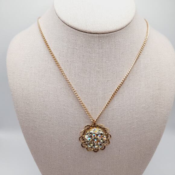 Vintage AB Rhinestone Filigree Pendant Necklace Gold Tone 18 Inch Chain - Picture 3 of 9
